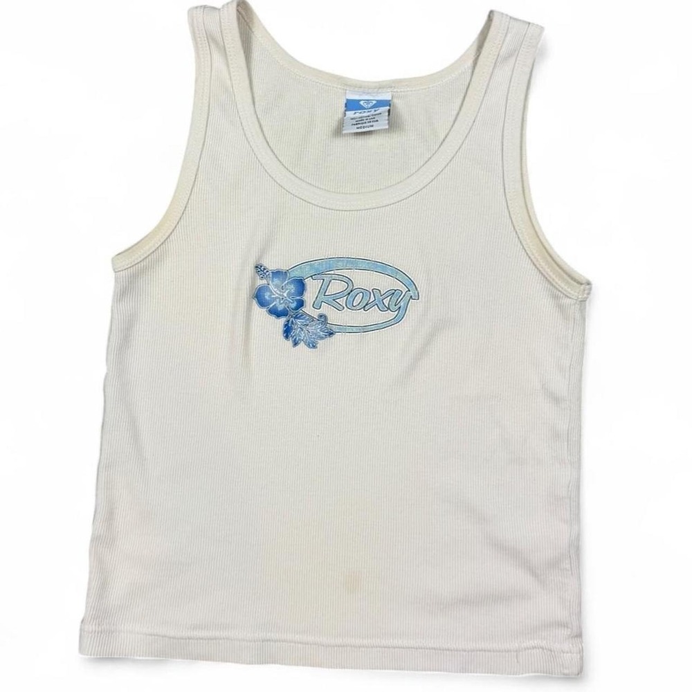 Y2K vintage Roxy hibiscus flower white tank, white medium 100% cotton